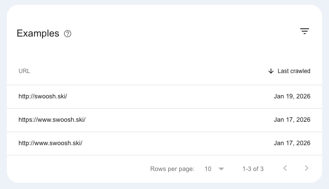 Google showing these pages indexed: http://swoosh.ski/
https://www.swoosh.ski/
http://www.swoosh.ski/