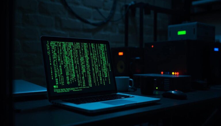 Matrix-like green code illustration of what the internet might look like appearing on a computer screen of a laptop on a desk in a basement with some light s.moke around. There are lots of other computer equipment and many servers around.