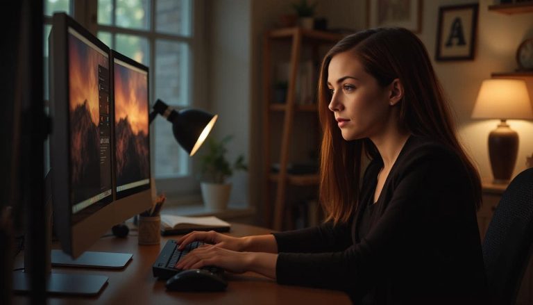 A woman using a computer.