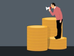 Illustration of a man on top of gold coins with a megaphone