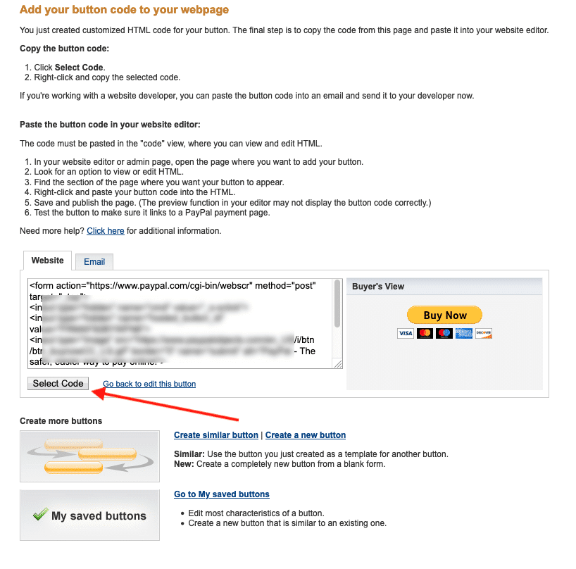 PayPal embed code page
