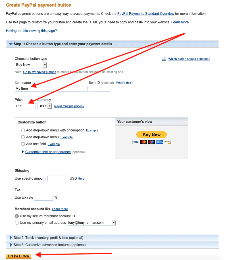 PayPal button creator page