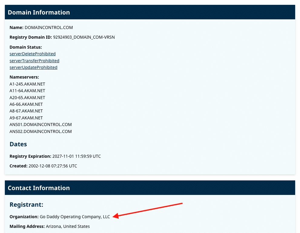 whois lookup for domaincontrol.com