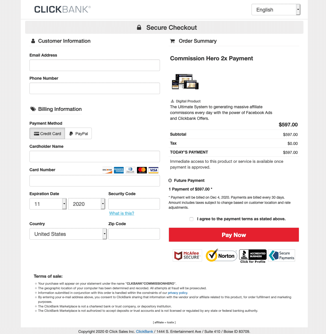 Clickbank checkout page