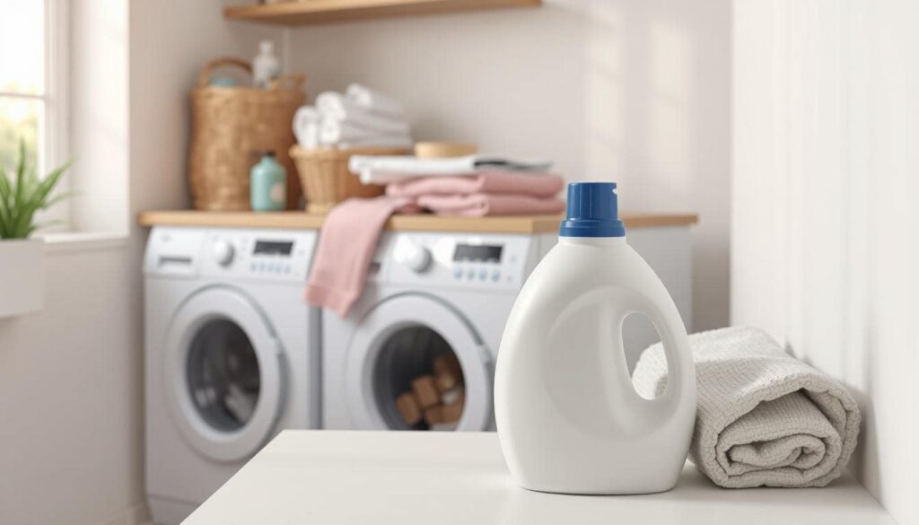 A container of laundry detergent in a laundry room with a washer and dryer in the corner.
