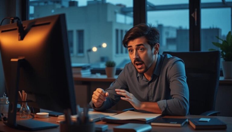 A man at a computer in a panic because of something that is happening.