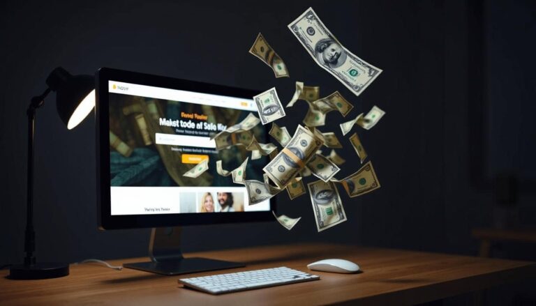 A computer in a home with money coming out of the monitor