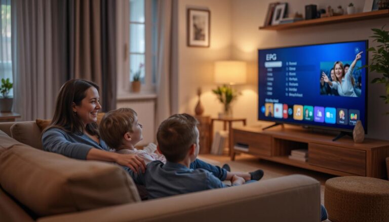 A family watching TV in the living room, sitting on the couch - the TV is on the wall