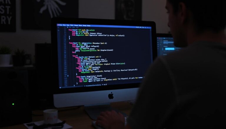 Someone working on writing code on their computer in the dark