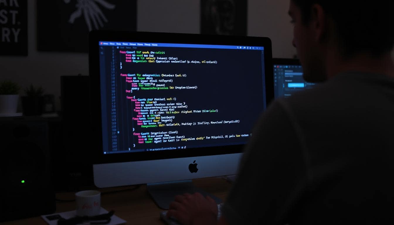 Someone working on writing code on their computer in the dark