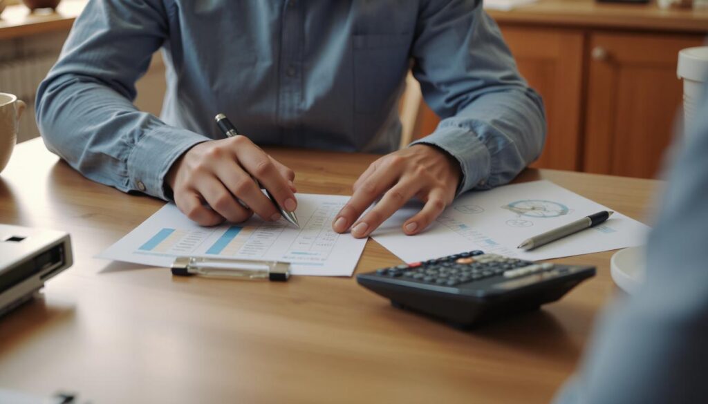 Someone working on their finances at the kitchen table