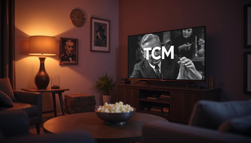 A cozy living room scene showing an old black-and-white movie playing on a modern smart TV, with the TCM logo on the screen. A bowl of popcorn on a coffee table, warm lighting, and classic movie posters in the background. Digital illustration in a realistic style.