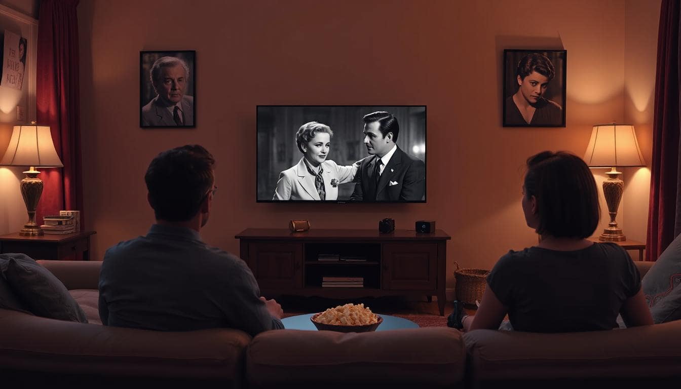 A cozy living room scene showing an old black-and-white movie playing on a modern smart TV, with the TCM logo on the screen. A bowl of popcorn on a coffee table, warm lighting, and classic movie posters in the background. Digital illustration in a realistic style. People are sitting and watching