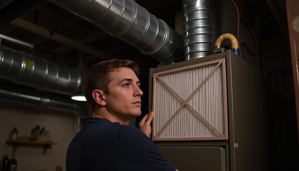 Someone putting a new air filter into the ducts next to their furnace