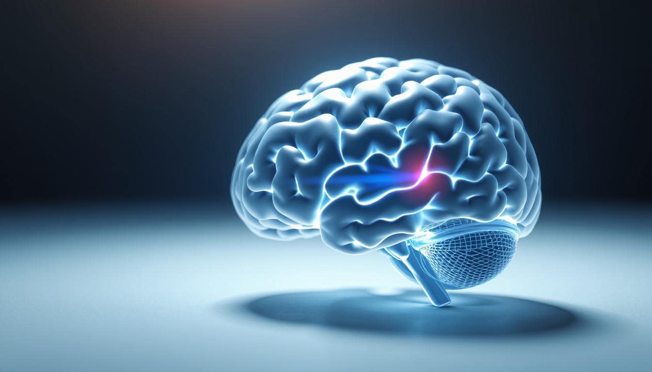 Abstract medical-themed image focusing on brain health. Show a stylized illustration or 3D rendering of the human brain with the pituitary gland highlighted at the base of the brain, near the brain stem. Include subtle optic nerves for context but keep the focus on the pituitary area with a soft glow or light effect. Add a visual metaphor for vision improvement—like a sharp, clear center with blurred or static-like edges. Use calming blue and soft white tones to represent relief and recovery.