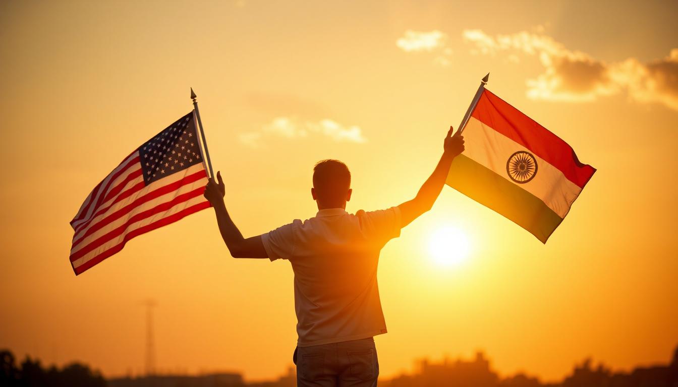 A person from India holding the flag of India and a flag of America