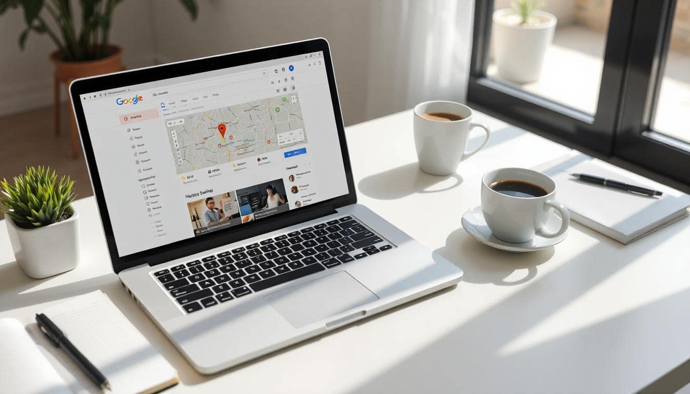A clean, modern desk setup with a laptop screen displaying a Google Map Pack search result, a smartphone open to Google Business Profile settings, and a cup of coffee nearby. Bright natural lighting, focused on productivity and digital marketing. Include subtle visual elements like a small plant and an open notebook with marketing strategy notes.