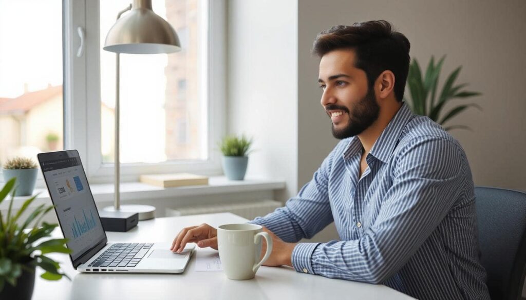 A man working at his computer, looking very happy as he works.
