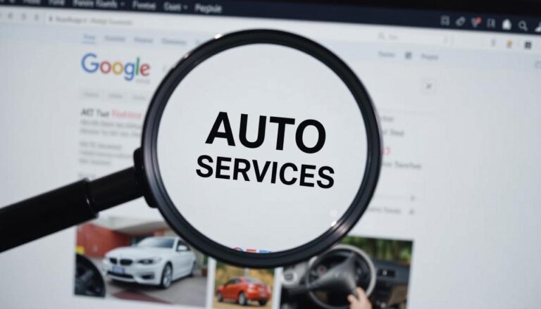 A magnifying glass hovering over a website with keywords like “auto”, “auto services”, and “car repair” highlighted, representing SEO visibility in search results.