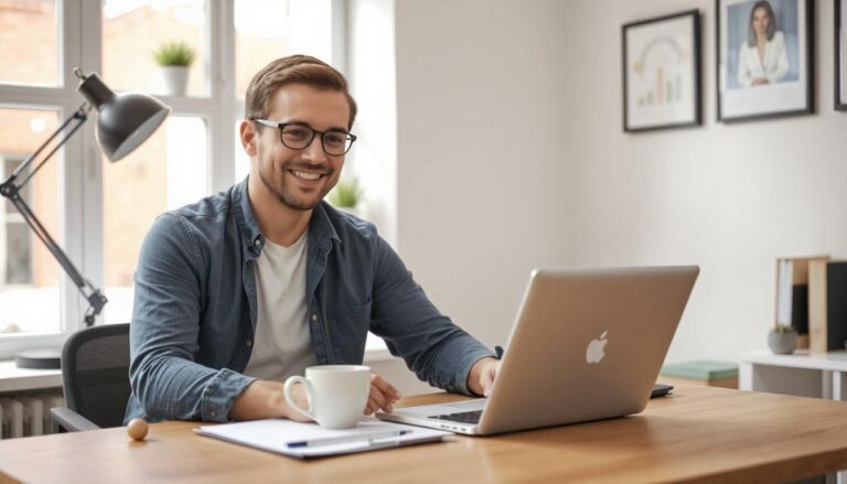 A happy man using laptop
