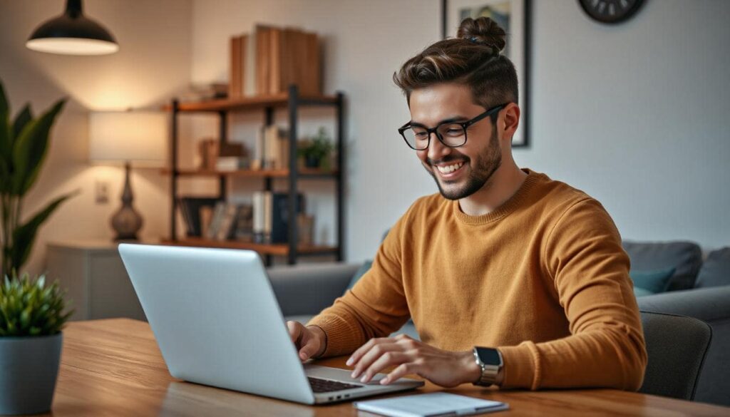A confident young entrepreneur working on a laptop at home, smiling while checking website analytics, warm lighting, minimalist workspace, modern casual clothing, digital income concept, passive income success, clean background, realistic photo style