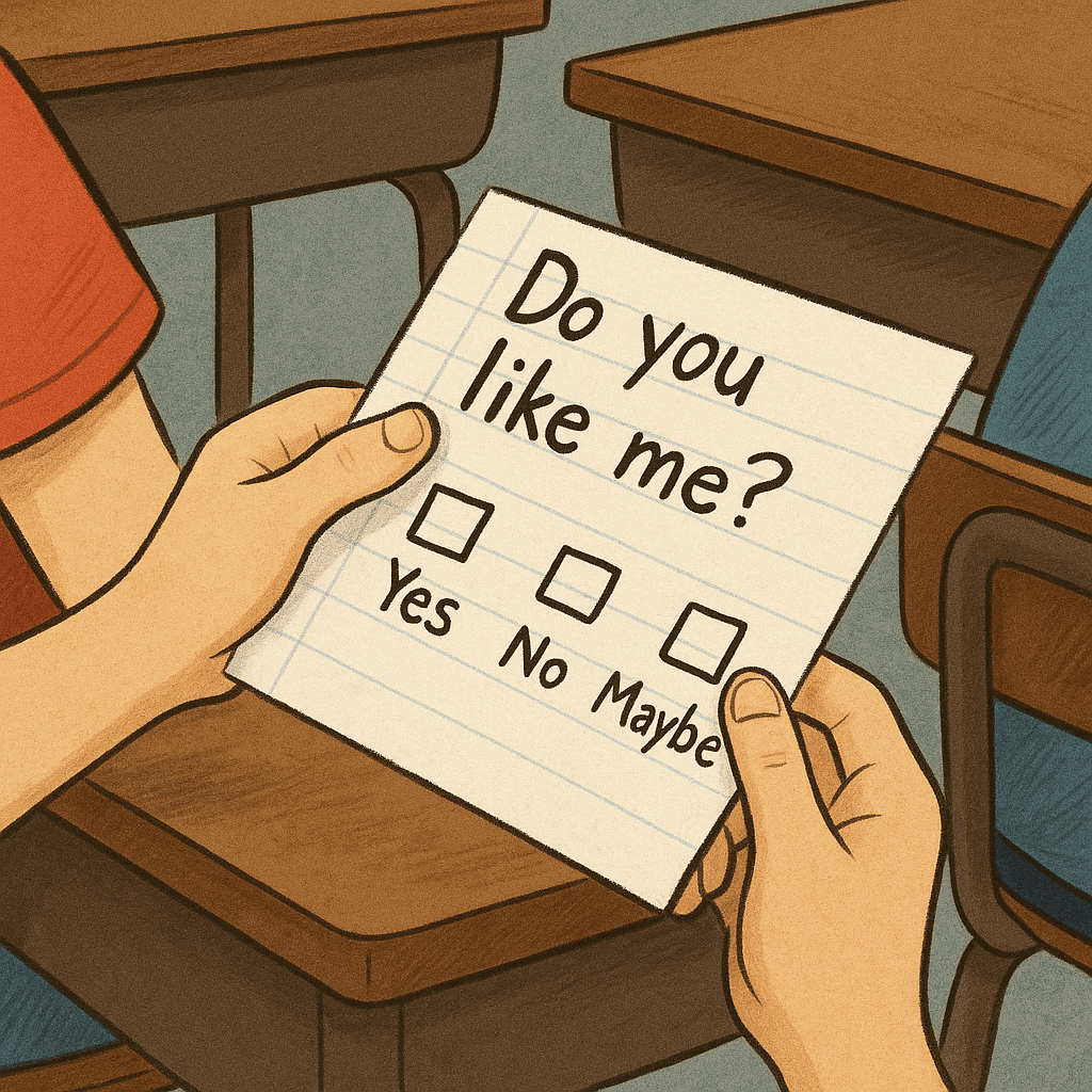 A note being passed in school with "Do you like me?" and checkboxes for yes, no, and maybe.