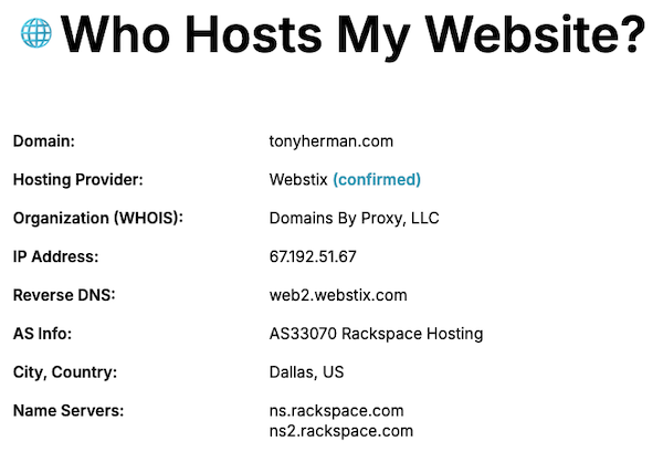 The results screen when using the whohostsmywebsite.com website