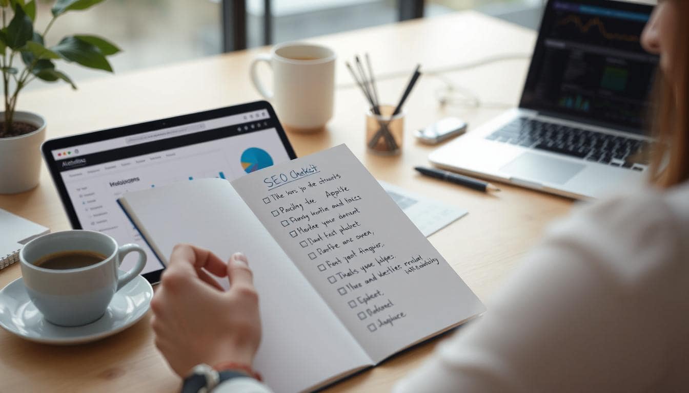 Someone with an SEO checklist next to their laptop