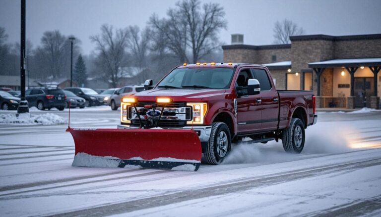 A pickup truck with a snow plow on the front, in winter, plowing snow in a parking lot of a business. Snow is coming down. The truck has its lights on.