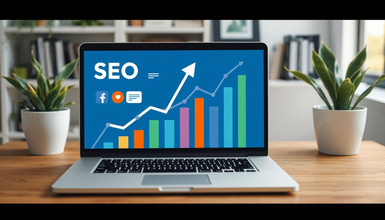 Modern flat design showing a laptop screen with an upward graph, traffic signs, SEO symbols, social media icons, and a magnet pulling in icons representing visitors. Clean, bold colors (blue, green, orange), professional marketing style. Overhead angle with bright lighting.