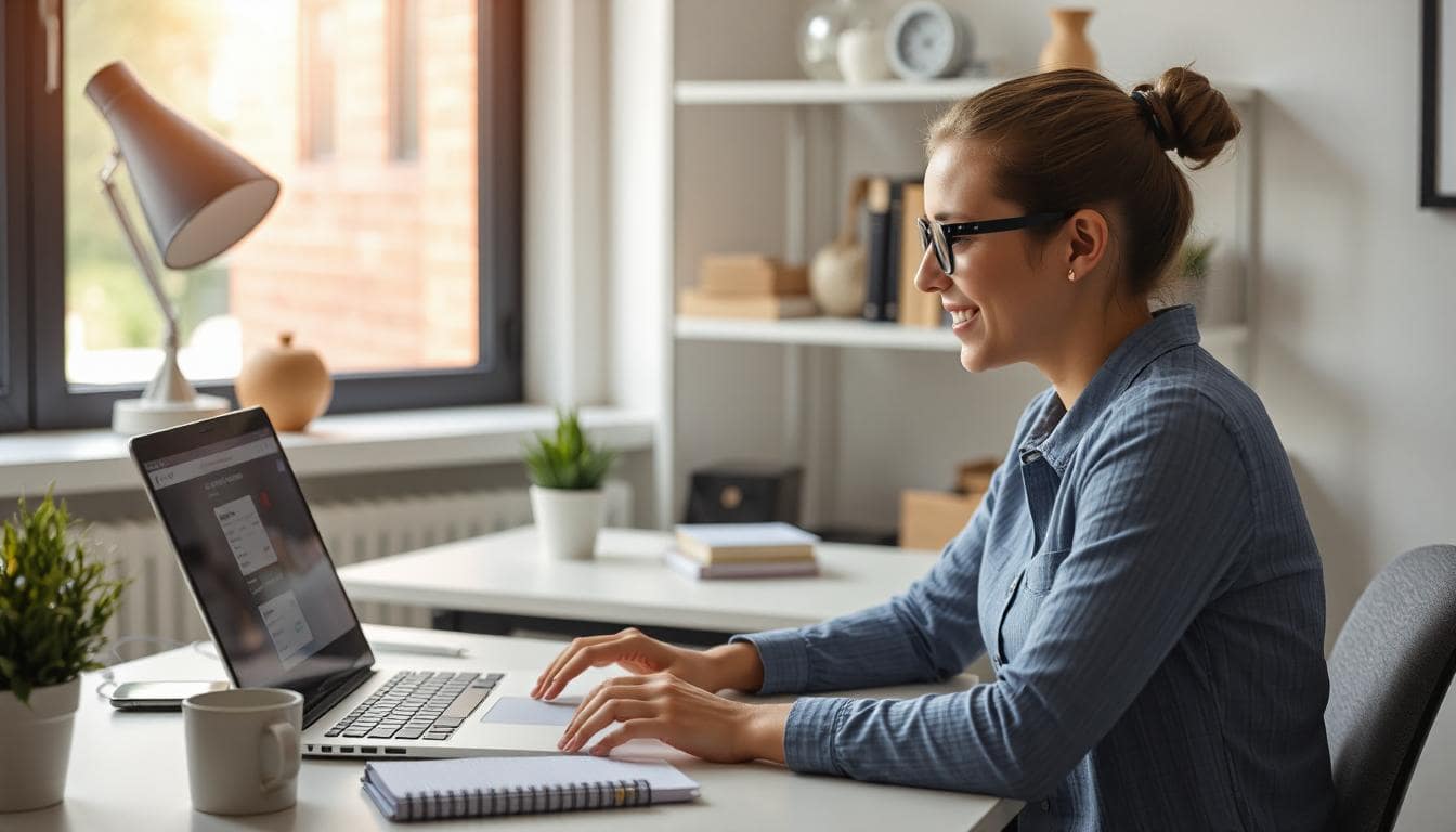A woman at her laptop on a table. She is smiling.