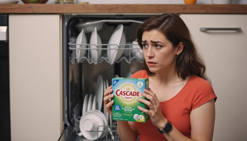 A frustrated person standing in front of an open dishwasher full of cloudy glasses and spotted dishes. They’re holding a Cascade pod or dishwasher detergent box with a confused or annoyed look.