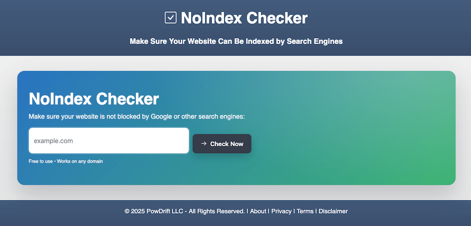 NoIndexChecker.com website to see if a website can be indexed by Google