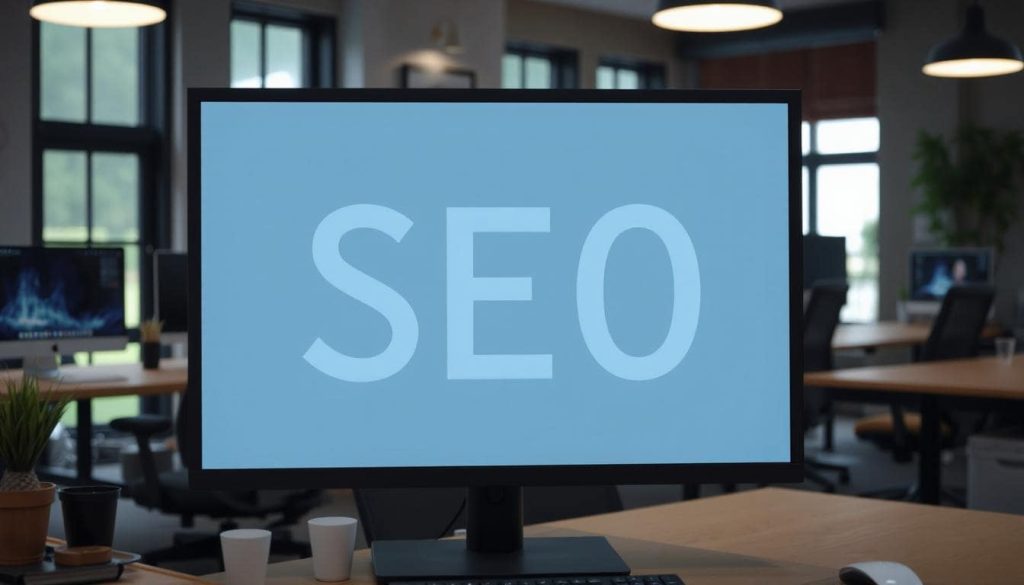"SEO" appearing on a computer monitor in an office