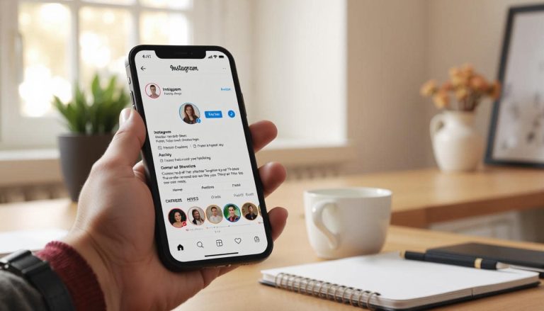 A smartphone screen showing an Instagram profile with a clear call to action in the bio, a link in bio tool, and a Reel playing — all in a clean, bright workspace. Include elements like a coffee cup, notepad, and affiliate-style vibe.