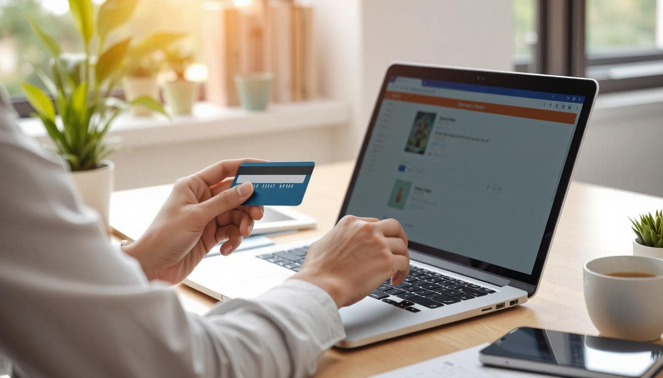 A person sitting at a desk with a laptop open, credit card in hand, clearly ready to make a purchase. The screen shows a search bar or product listing. Clean, well-lit scene, natural modern environment, slightly zoomed in to show focus and intent.