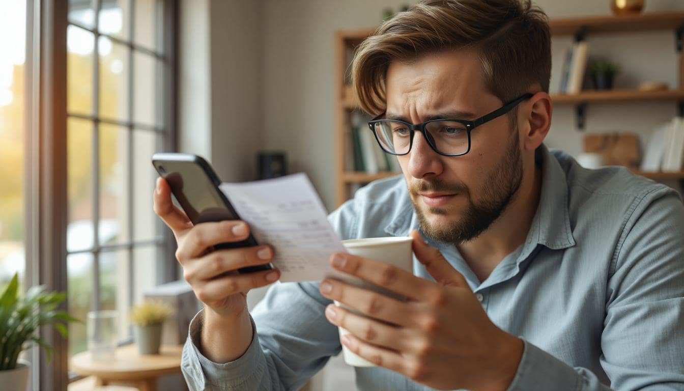 A frustrated person looking at their phone while holding a coffee cup, with a receipt showing overdraft fees. In the background, a clean and simple mobile banking app screen shows a $0 overdraft fee. Bright lighting, clean modern style.