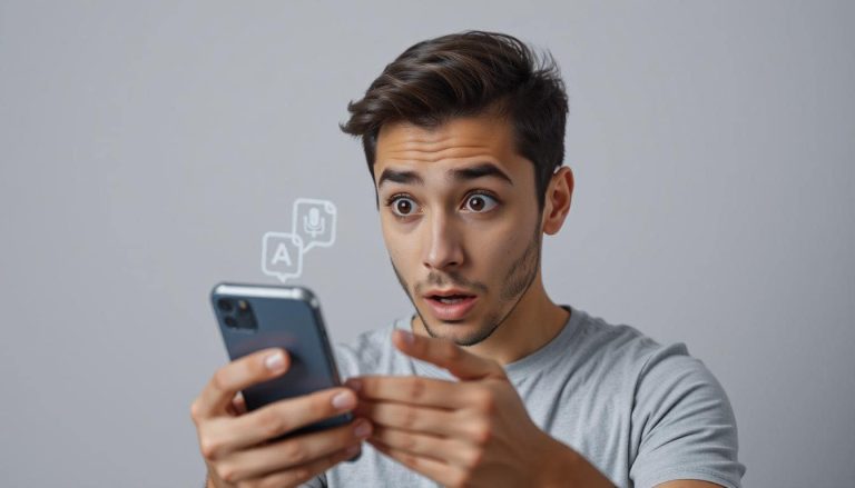 A person looking surprised at their iPhone screen.