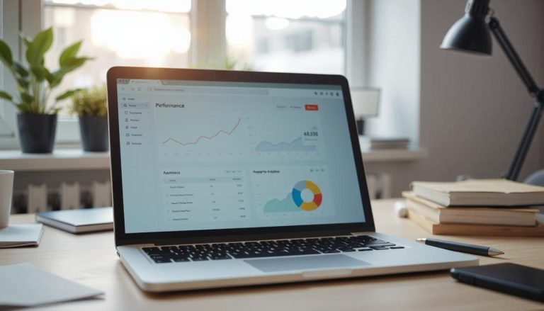 Over-the-shoulder photo of a laptop showing a simple analytics dashboard, focus on a “Performance” screen.