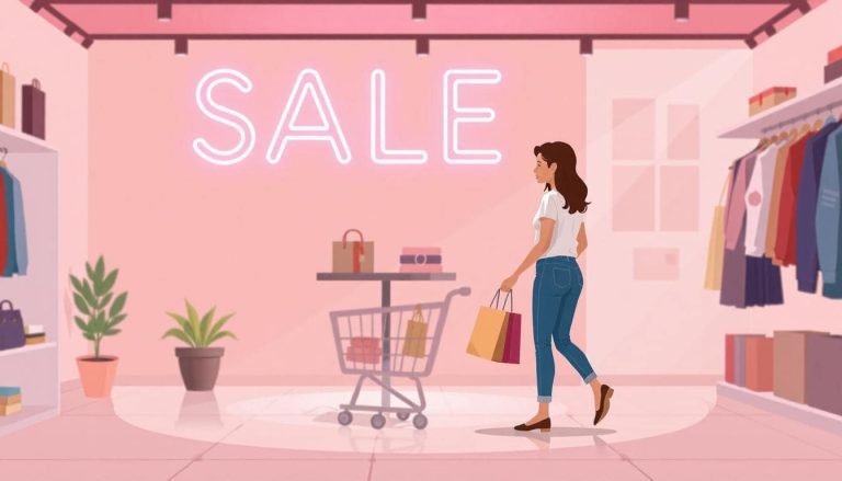 An illustration of a woman shopping at a store with the word "SALE" being shown