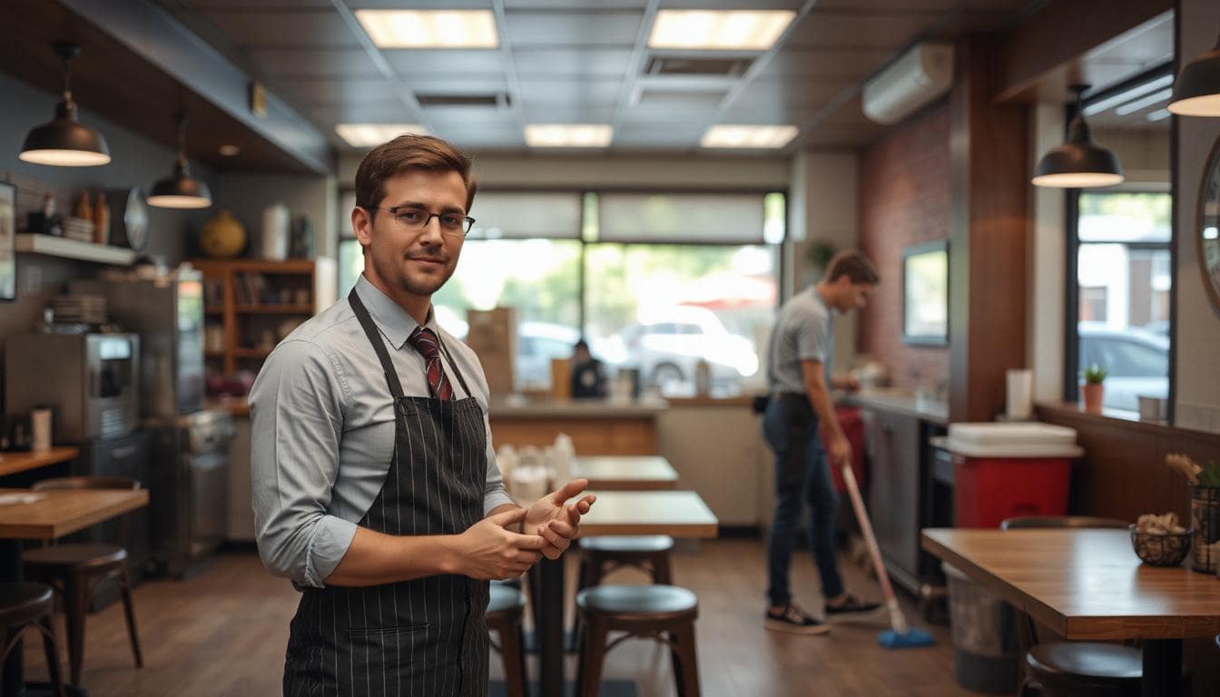 A manager calmly assigning tasks in a fast-paced restaurant while a teenager scrubs floors in the background.