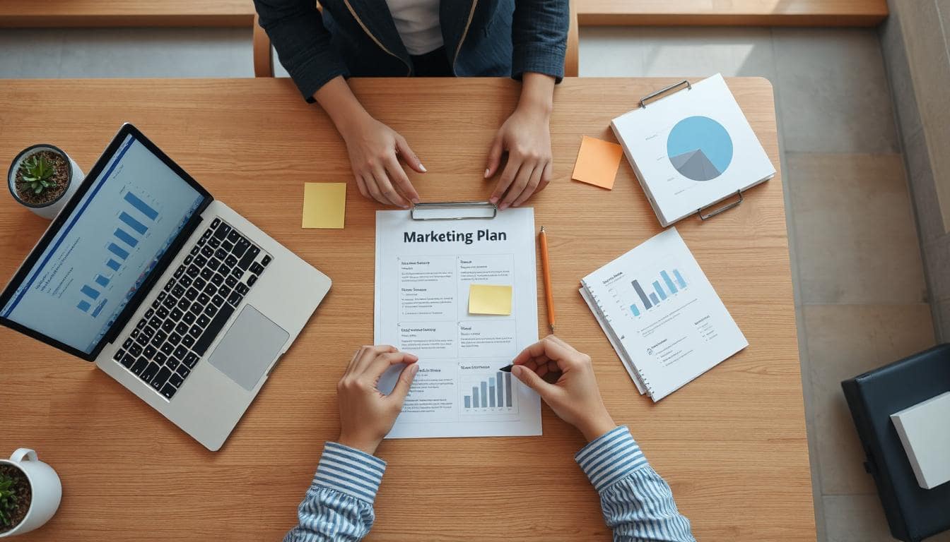 People working on a marketing plan on a desk with a document and sticky notes