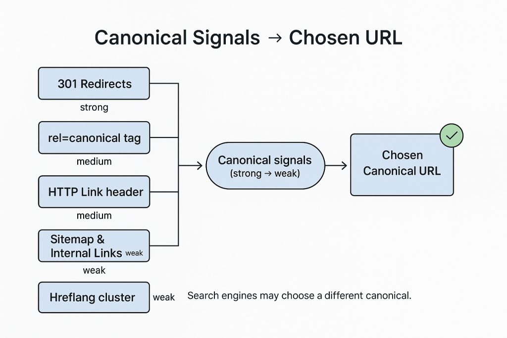 Hierarchy of canonicalization signals showing which signals Google prioritizes for SEO canonicalization Canonical signals explained in a diagram