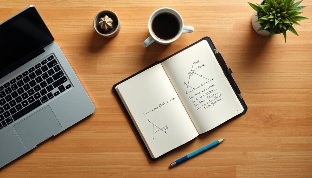 Desktop with a laptop and notebook for planning how to write a blog post.