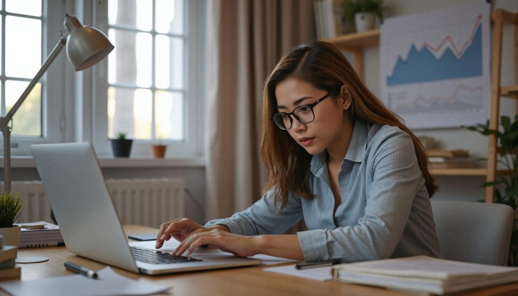 Woman affiliate marketer enduring the grind before seeing results, with a growth chart in the background.
