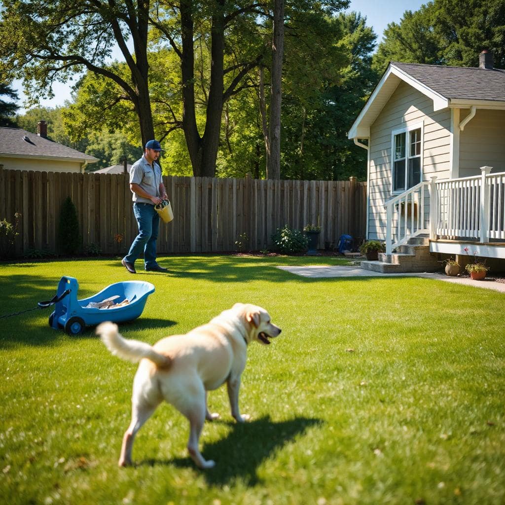 Pooptopia dog poop pickup worker cleaning a yard while a dog plays nearby.