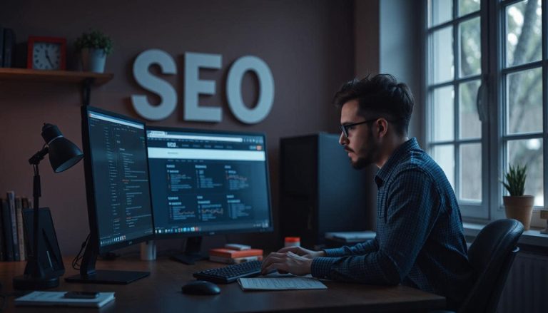 Someone at their computer, working on SEO.