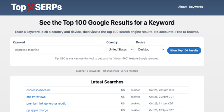 Top100SERPs.com screen shot.