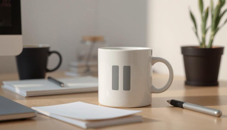 Calm workspace with a subtle pause symbol, conveying clear thinking and focus.