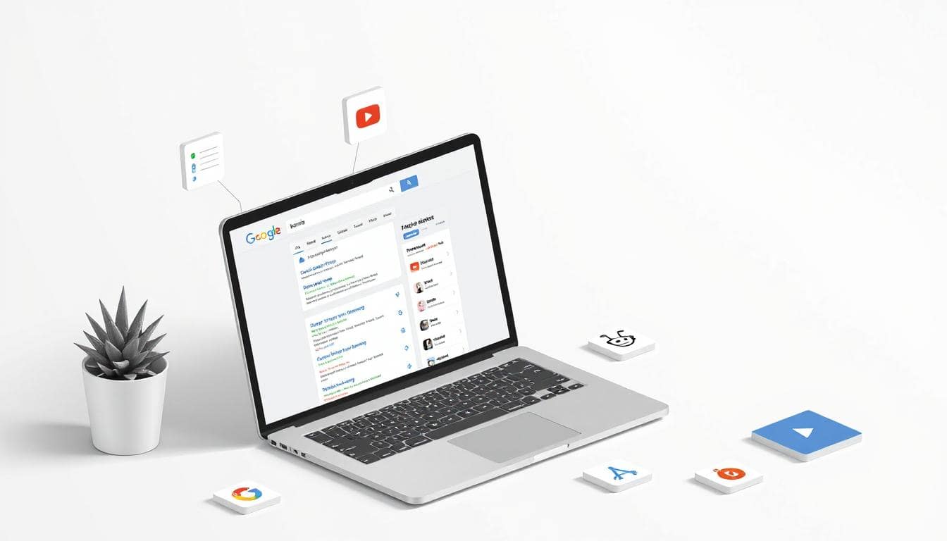 Keyword research for AI and search: entities, Q&A, schema, tables, and distribution across web, video, and forums illustrated around a laptop.